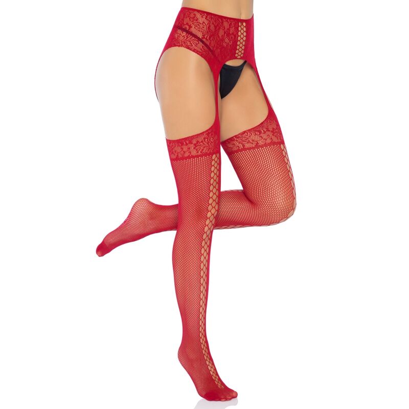 LEG AVENUE - LACE UP GARTERBELT STOCKINGS BURGUNDY ONE SIZE