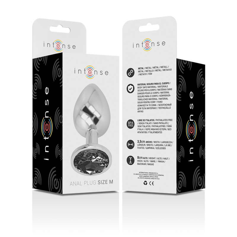 INTENSE - ALUMINUM METAL ANAL PLUG WITH BLACK GLASS SIZE M