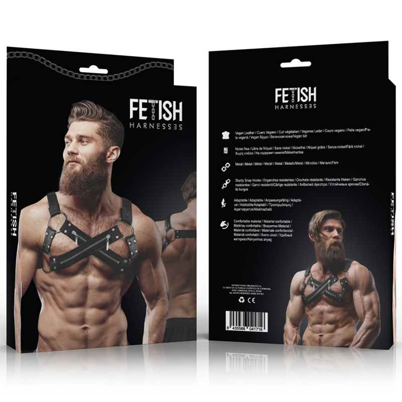 FETISH SUBMISSIVE ATTITUDE - ADJUSTABLE NEOPRENE CROSS-OVER CHEST BULLDOG HARNESS WITH ZIPPERS FOR MEN