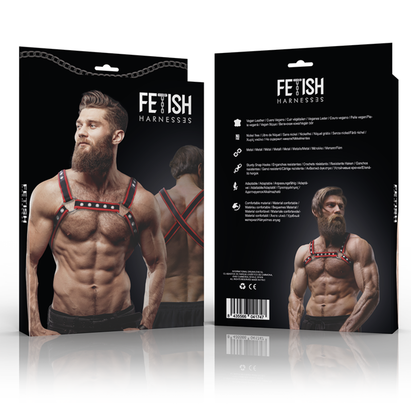 FETISH SUBMISSIVE ATTITUDE - MEN'S ECO-LEATHER CHEST BULLDOG HARNESS BLACK/RED