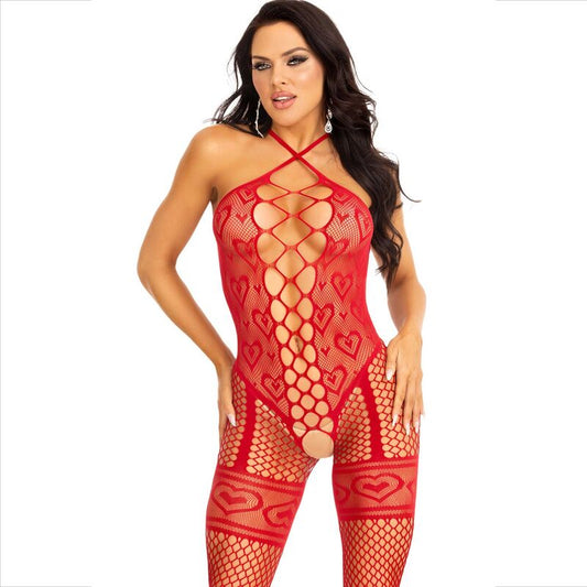 LEG AVENUE - BODYSTOCKING NECK HALTER RED HEARTS RED