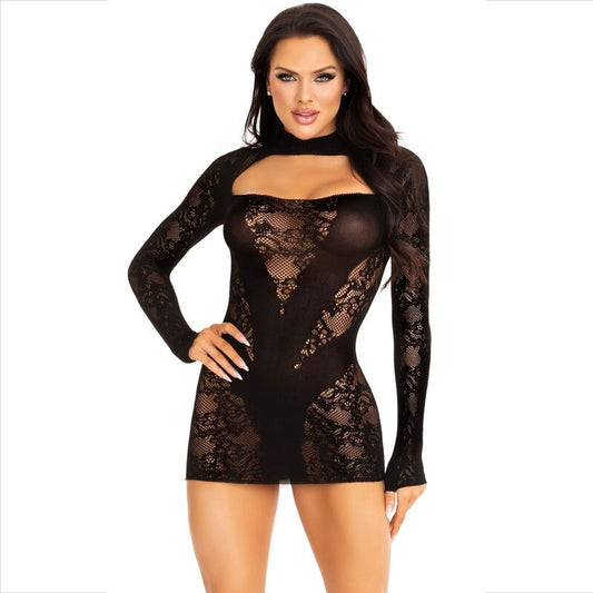 LEG AVENUE - MINI DRESS WITH LACE LONG SLEEVE BLACK