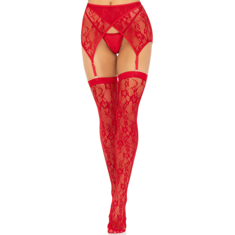 LEG AVENUE - LACE THIGH HIGHS & GARTERBELT BLACK