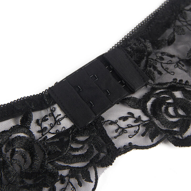 SUBBLIME - SET OF 3 PIECES BRA + THONG + GARTER FLORAL PRINT BLACK S/M