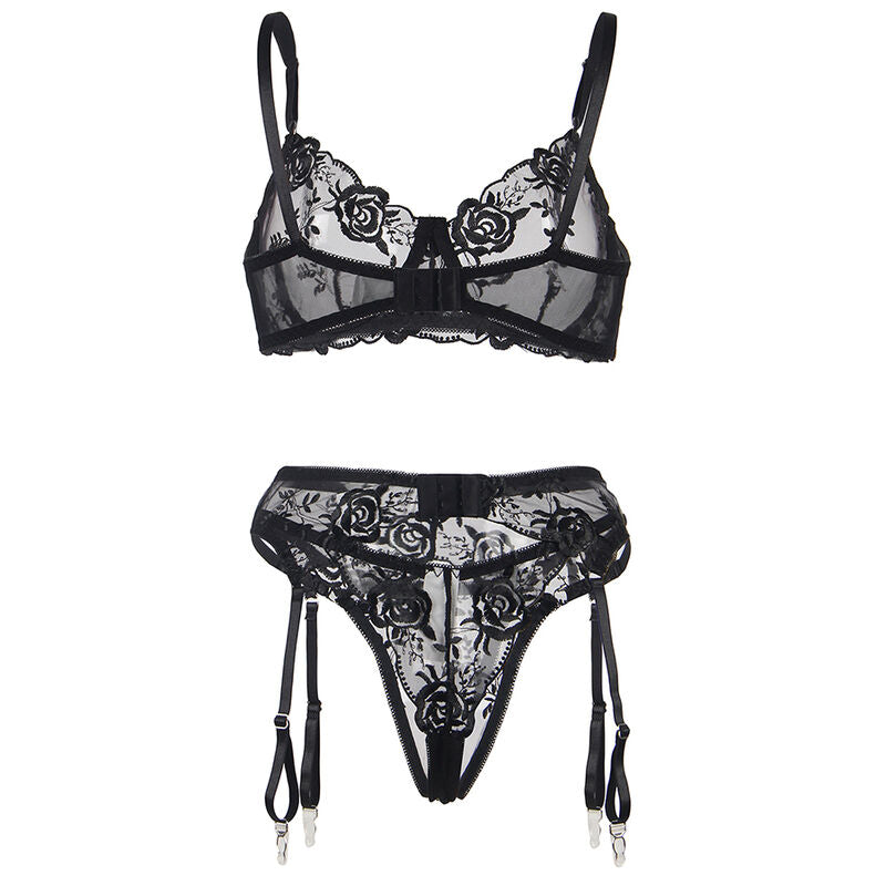 SUBBLIME - SET OF 3 PIECES BRA + THONG + GARTER FLORAL PRINT BLACK S/M