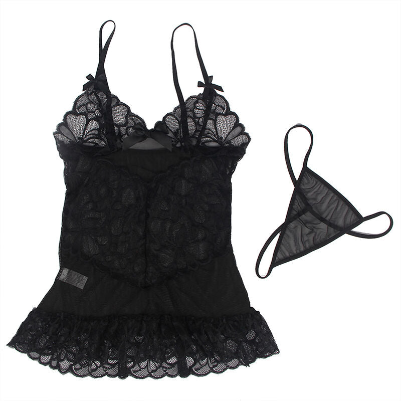 SUBBLIME - BABYDOLL WITH ADJUSTABLE STRAPS AND TRANSPARENT LACE FLORAL PRINT BLACK S/M