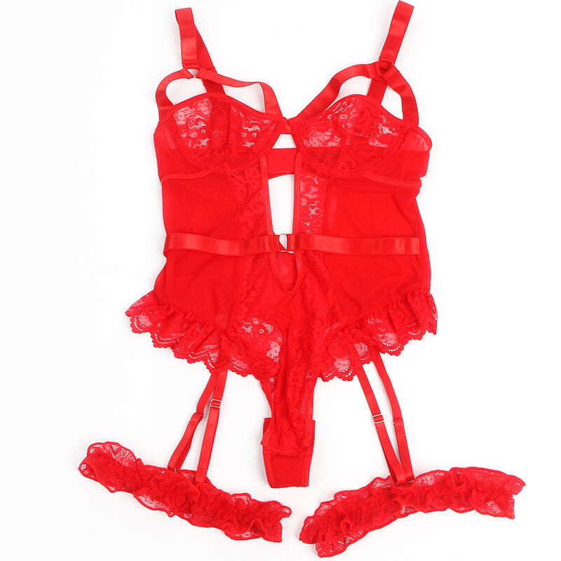 SUBBLIME - TEDDY WITH GARTER WITH LACE DETAIL AND STRIPS RED S/M