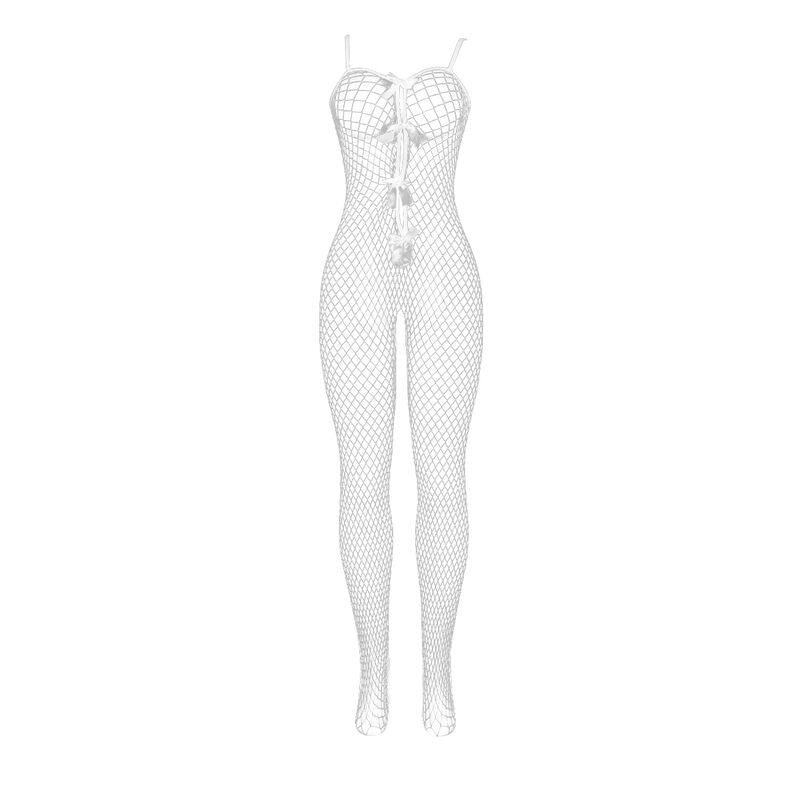 SUBBLIME - 951740 BODYSTOCKING WHITE FISHNET CROTCHLESS WITH BOWS ONE SIZE