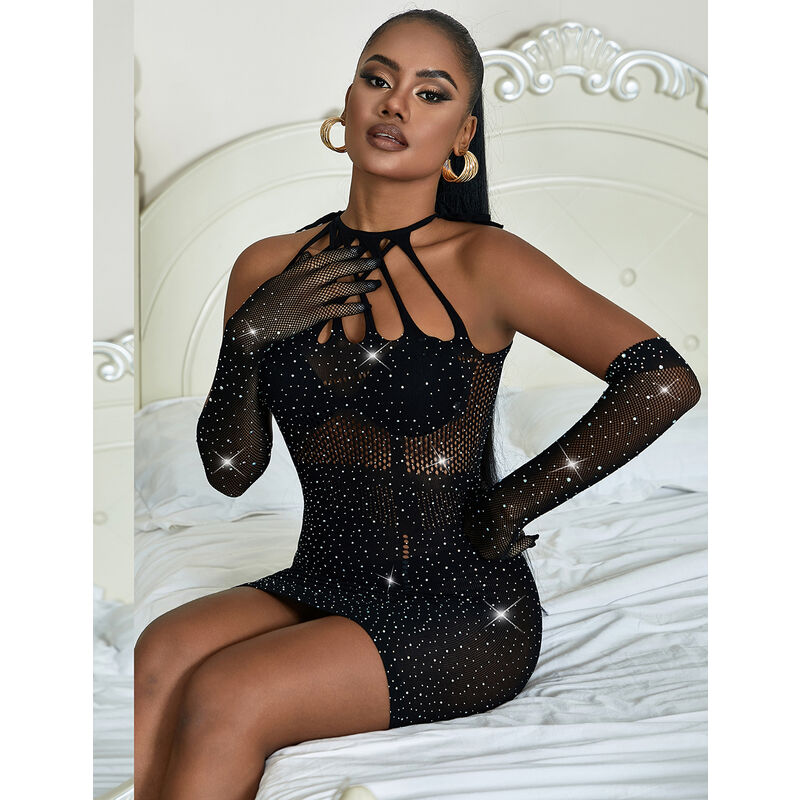 SUBBLIME - 952235 FISHNET DRESS WITH RHINESTONES  BLACK ONE SIZE