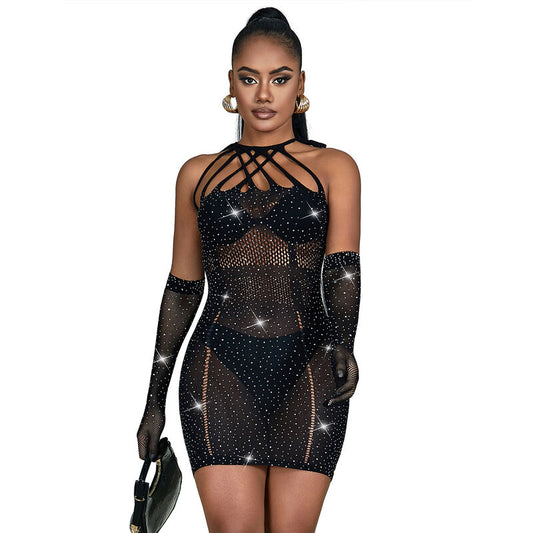 SUBBLIME - 952235 FISHNET DRESS WITH RHINESTONES  BLACK ONE SIZE