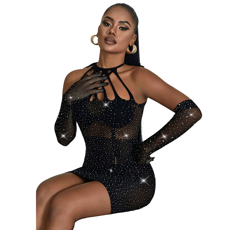 SUBBLIME - 952235 FISHNET DRESS WITH RHINESTONES  BLACK ONE SIZE