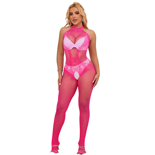 SUBBLIME - 952389 FISHNET AND LACE CROTCHLESS BODYSTOCKING WITH HIGH NECK PINK ONE SIZE