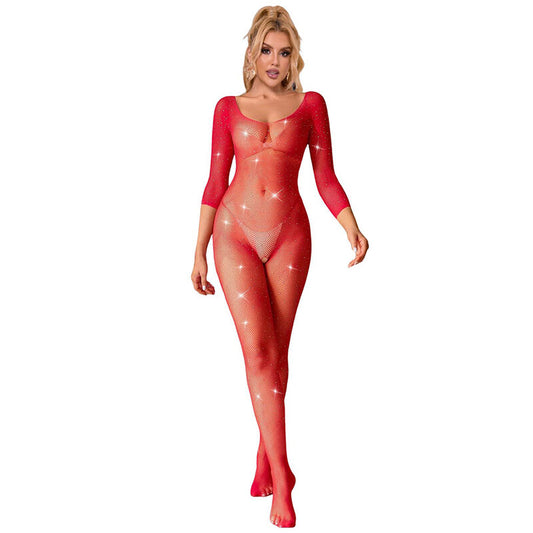 SUBBLIME - 952419 FISHNET BODYSTOCKING WITH DIAMONDS LONG SLEEVE RED ONE SIZE