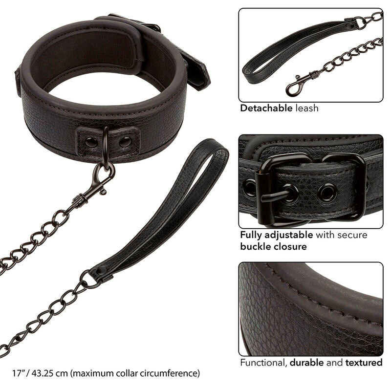 CALEXOTICS - NOCTURNAL COLLAR & LEASH LEATHER ADJUSTABLE BLACK