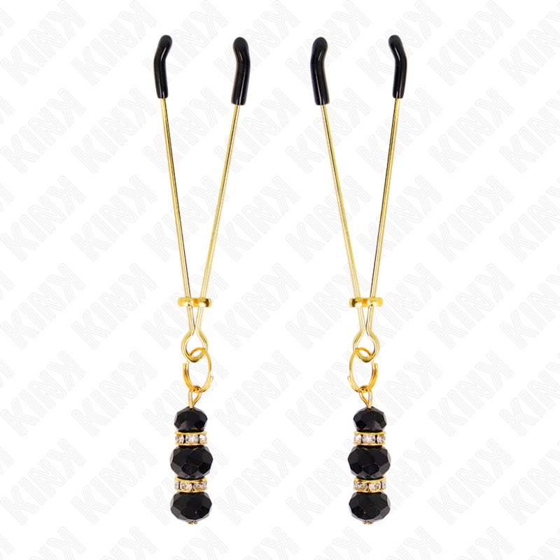 KINK - GOLD THIN NIPPLE CLAMPS WITH 3 BLACK GLASS BEADS 7 CM