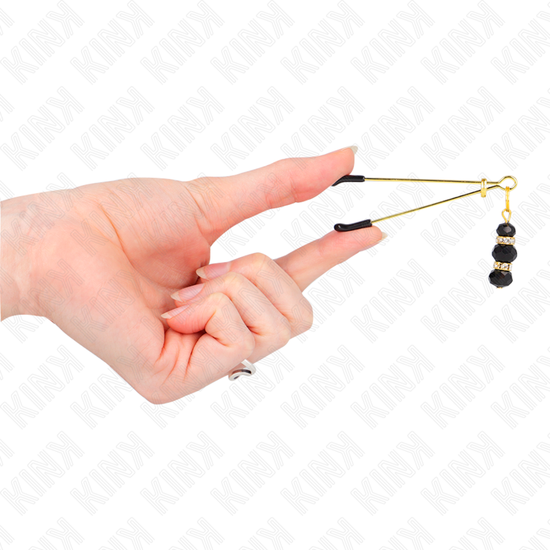 KINK - GOLD THIN NIPPLE CLAMPS WITH 3 BLACK GLASS BEADS 7 CM