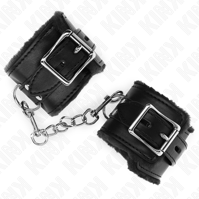 KINK - FUR LINED WRIST RESTRAINTS BLACK WITH BLACK BELT ADJUSTABLE 17-29 CM X 6 CM