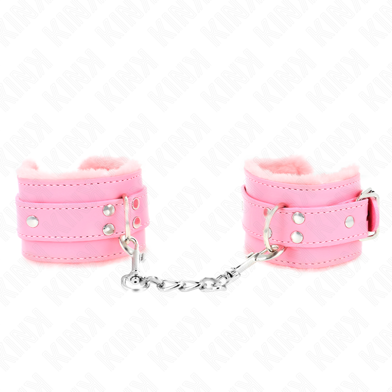 KINK - FUR LINED WRIST RESTRAINTS PINK WITH PINK BELT ADJUSTABLE 17-29 CM X 6 CM