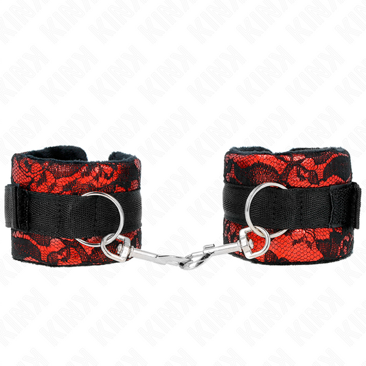 KINK - SHORT VELVET LACE WRIST RESTRAINTS AND NYLON BIND RED / BLACK 23 X 6.5 CM