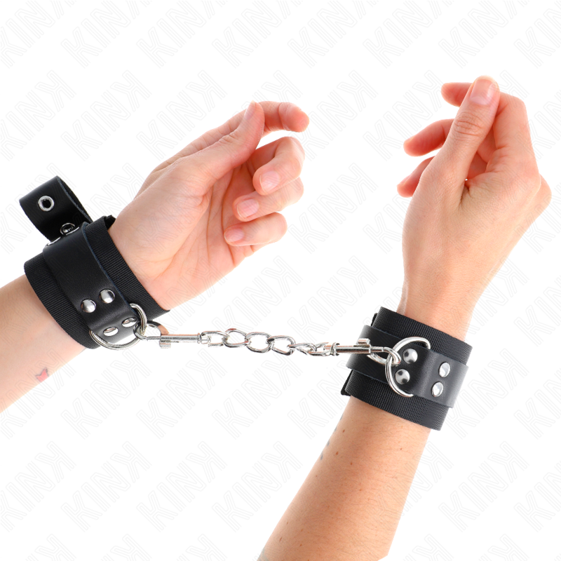 KINK - NYLON WRIST RESTRAINTS BLACK WITH LEATHER BELT BLACK ADJUSTABLE 19-29 CM X 5.1 CM