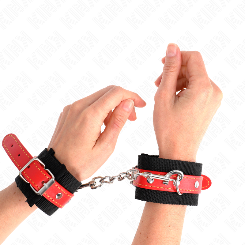 KINK - NYLON WRIST RESTRAINTS BLACK WITH LEATHERETTE RED ADJUSTABLE 19-24 CM X 5.5 CM