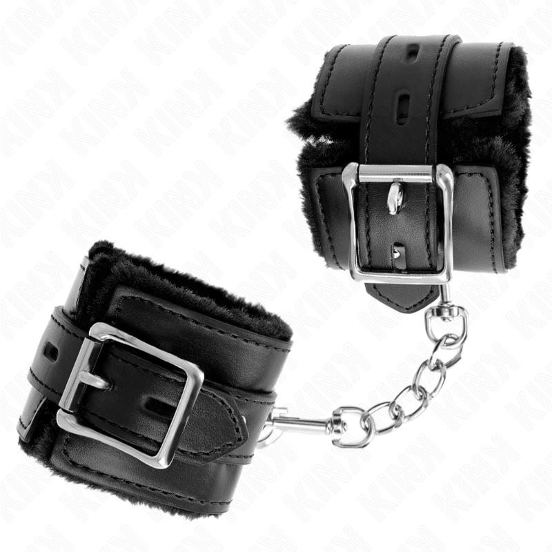 KINK - FUR LINED WRIST RESTRAINTS WITH SQUARE HOLES BLACK AND BLACK BELT ADJUSTABLE 17-29 CM X 6 CM