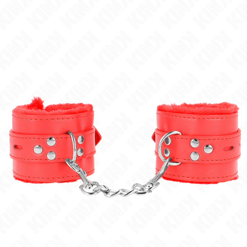 KINK - FUR LINED WRIST RESTRAINTS WITH SQUARE HOLES RED AND RED BELT ADJUSTABLE 17-29 CM X 6 CM