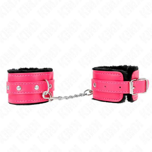 KINK - PREMIUM FUR LINED WRIST RESTRAINTS BLACK WITH RASPBERRY ROSE BELT ADJUSTABLE 17-29 CM X 6 CM