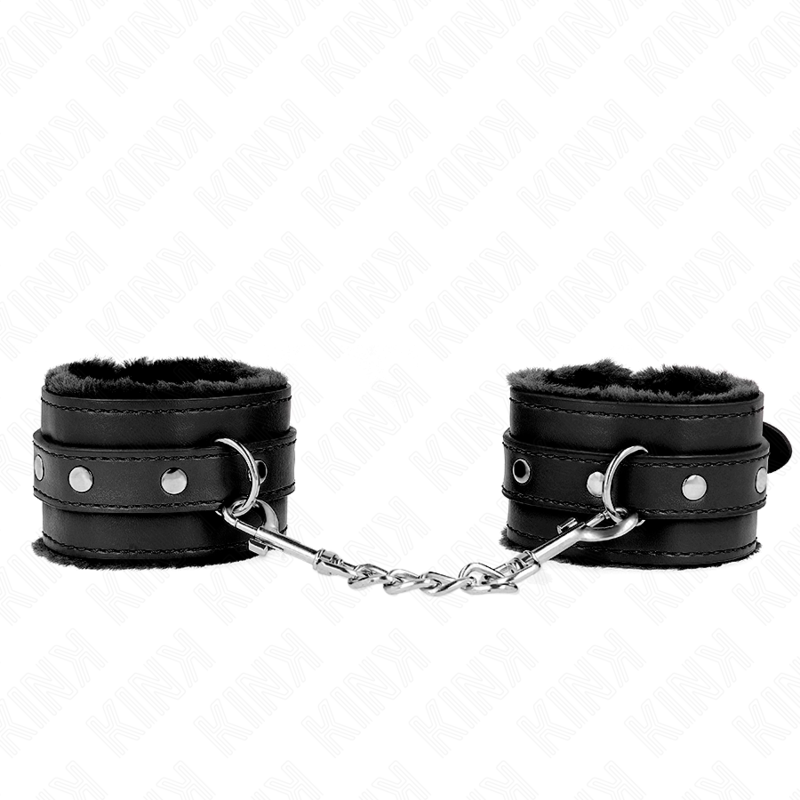 KINK - PREMIUM FUR LINED WRIST RESTRAINTS BLACK WITH BLACK BELT ADJUSTABLE 17-29 CM X 6 CM