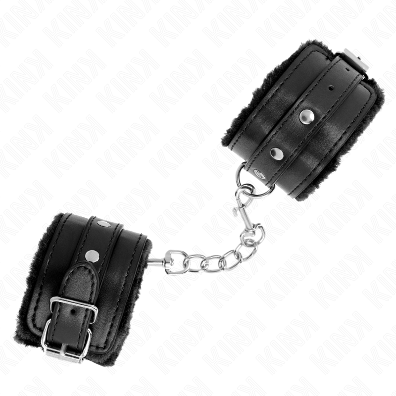 KINK - PREMIUM FUR LINED WRIST RESTRAINTS BLACK WITH BLACK BELT ADJUSTABLE 17-29 CM X 6 CM