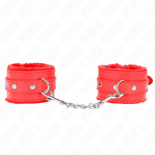 KINK - PREMIUM FUR LINED WRIST RESTRAINTS RED WITH RED BELT ADJUSTABLE 17-29 CM X 6 CM