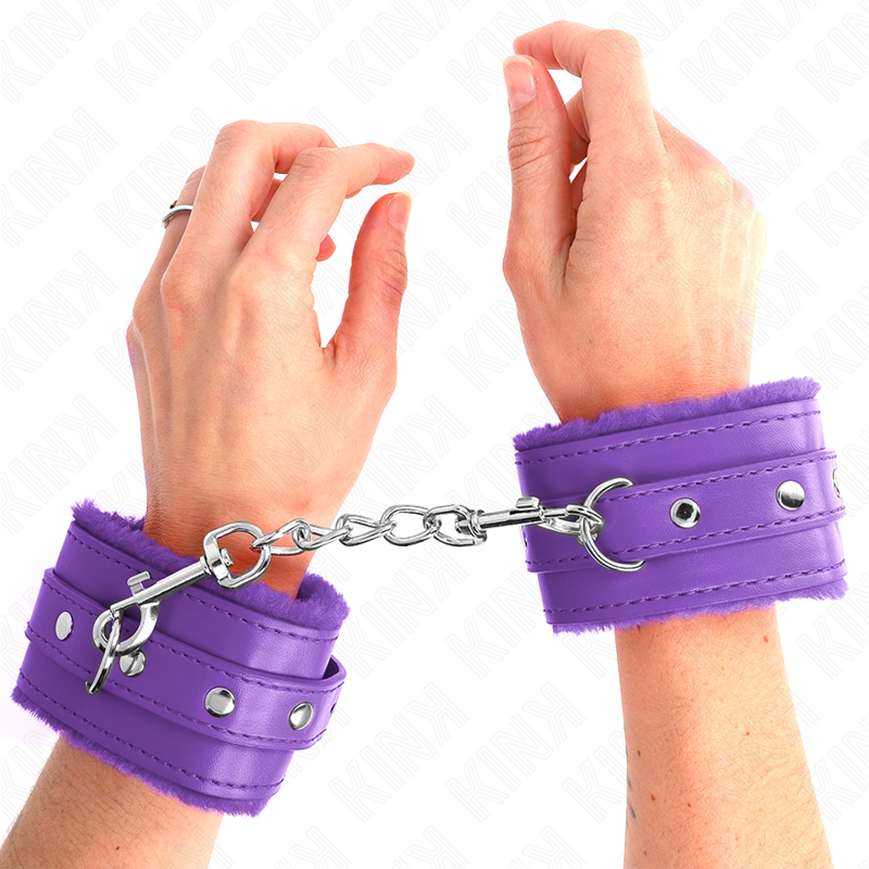 KINK - PREMIUM FUR LINED WRIST RESTRAINTS PURPLE WITH PURPLE BELT ADJUSTABLE 17-29 CM X 6 CM