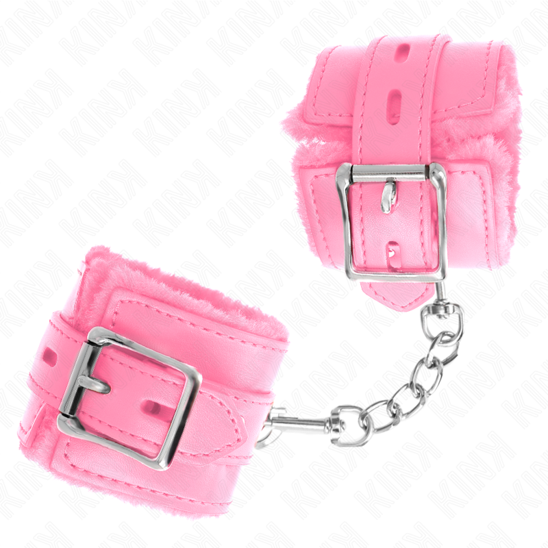 KINK - FUR LINED WRIST RESTRAINTS WITH SQUARE HOLES PINK AND PINK BELT ADJUSTABLE 17-29 CM X 6 CM