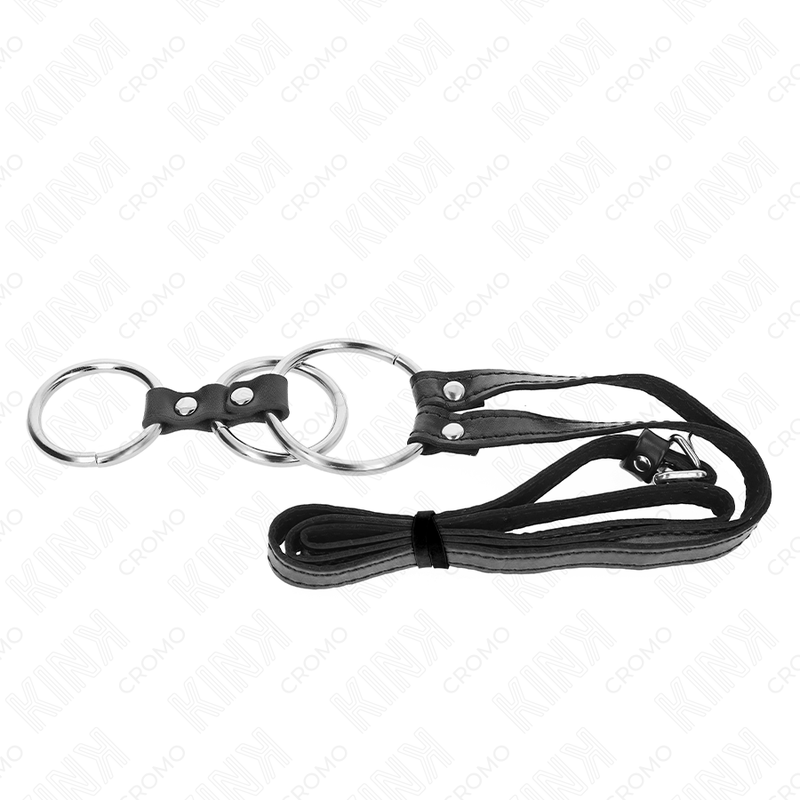 KINK - TRIPLE METAL PENIS RING 3.8 CM TO 5 CM WITH LEATHER BELT 112 CM