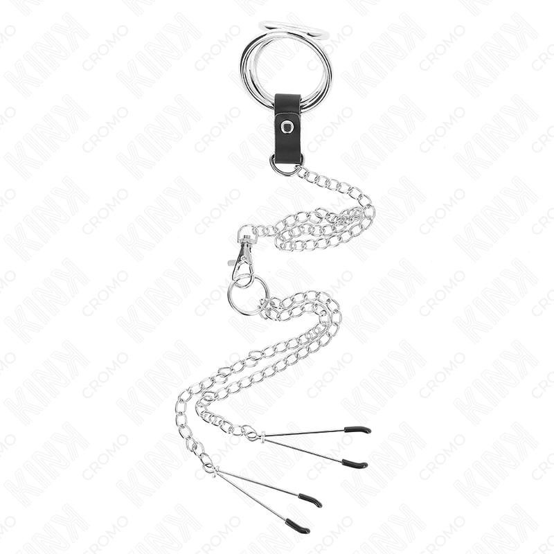 KINK - TRIPLE CHROME METAL PENIS RING 3 CM TO 4.5 CM WITH 26 CM METAL CHAIN AND NIPPLE CLIPS