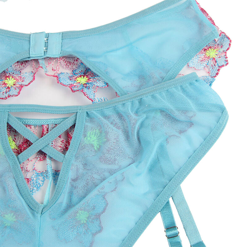 SUBBLIME - 954109 BRA + PANTIES WITH GARTER BELT FLORAL DESIGN BLUE S/M