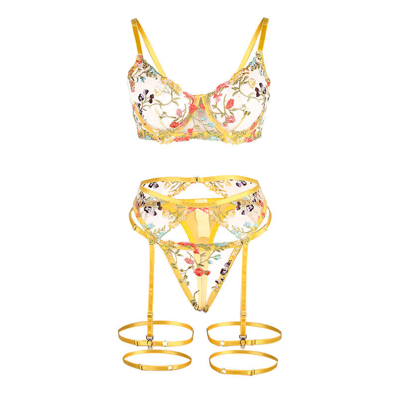 SUBBLIME - 954345 BRA + THONG + GARTER BELT FLORAL DESIGN YELLOW S/M