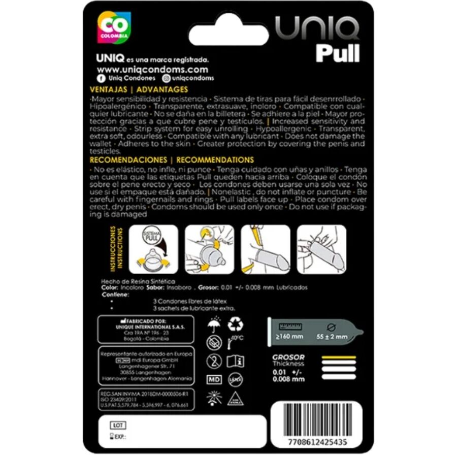 UNIQ - PULL LATEX FREE CONDOMS WITH STRIPS 3 UNITS